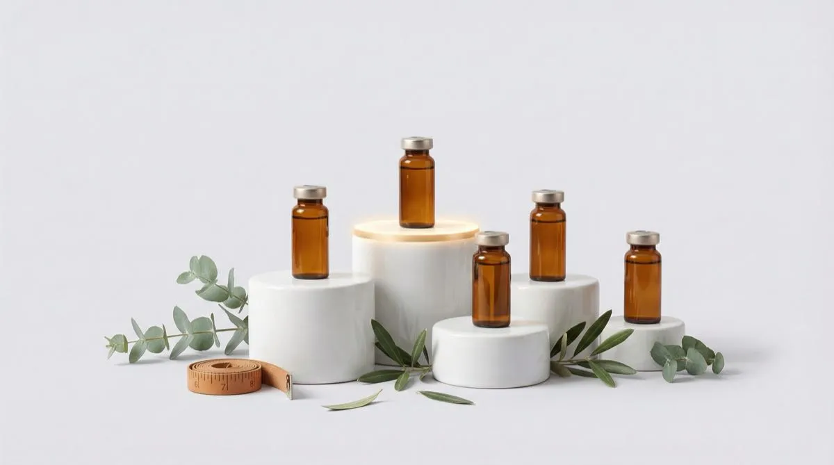 Flacons de peptides premium disposés sur des piédestaux