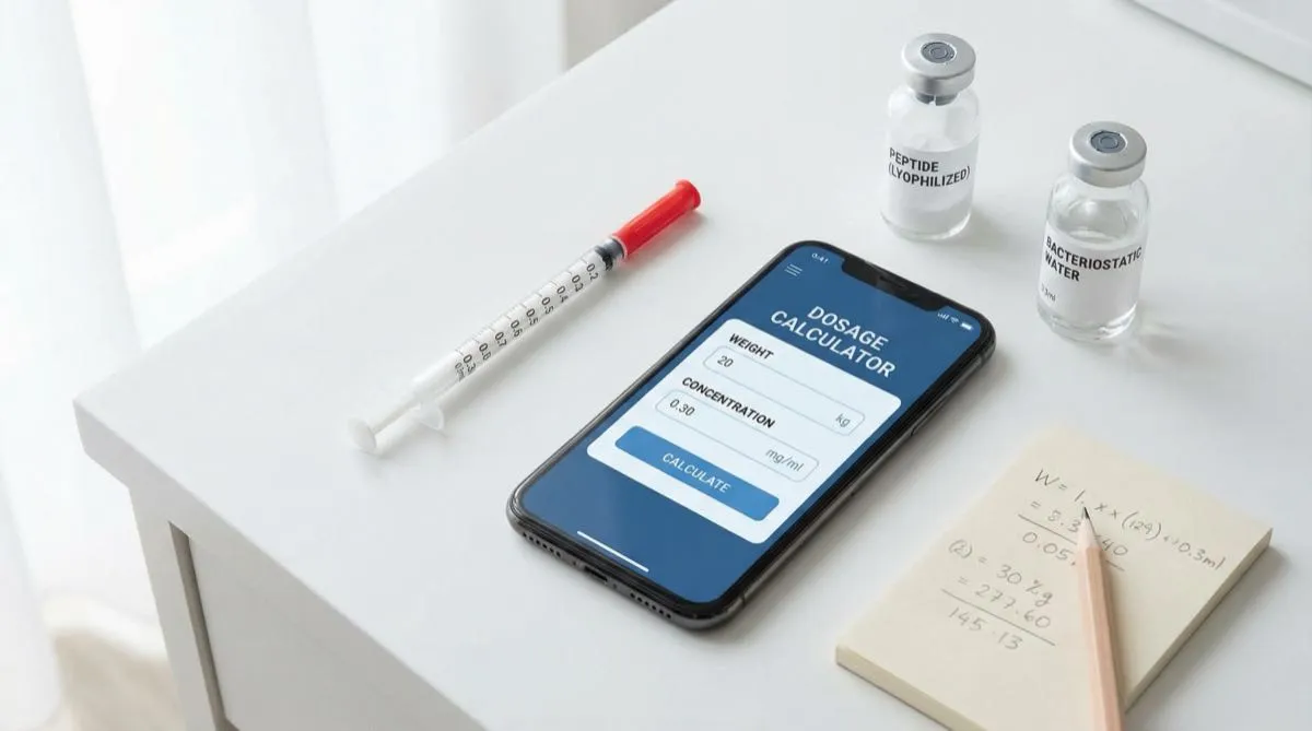 Calculadora digital de dosificación peptídica con jeringa y vial sobre superficie clínica