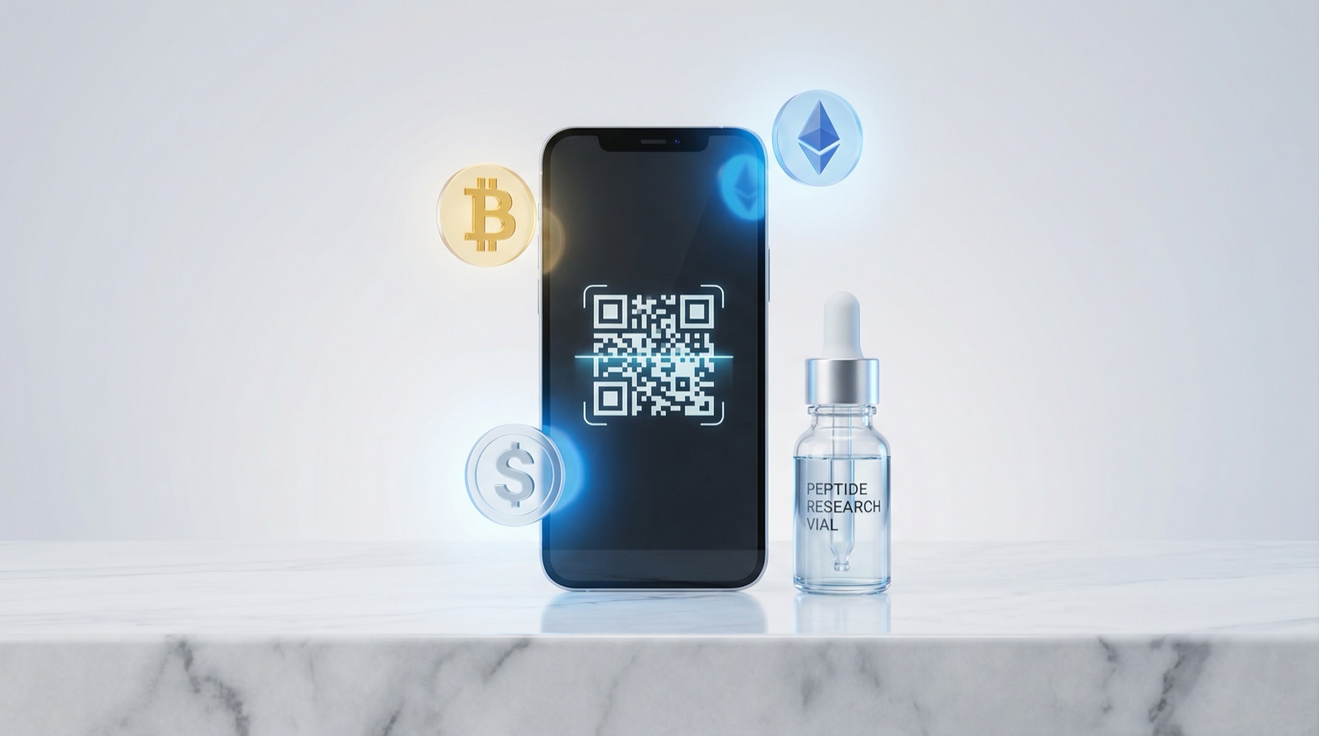 Smartphone con QR code e monete crypto accanto a vial di peptide
