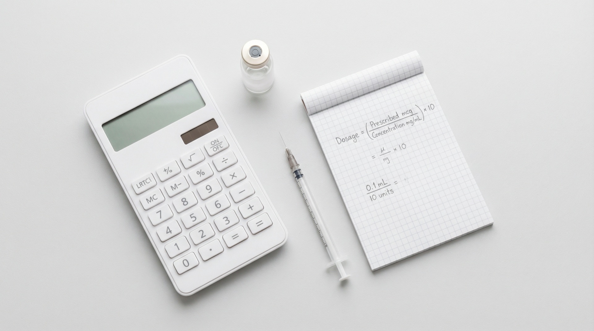 Calcolatrice, siringa e vial di peptide su scrivania con formule