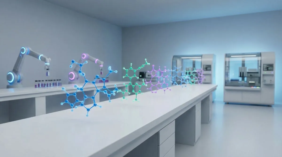 Laboratoire futuriste avec structures moléculaires holographiques