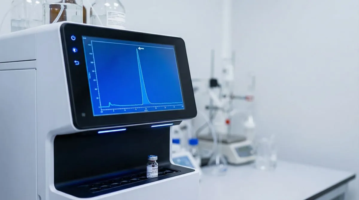 Machine HPLC avec chromatogramme à l'écran et flacon de peptide