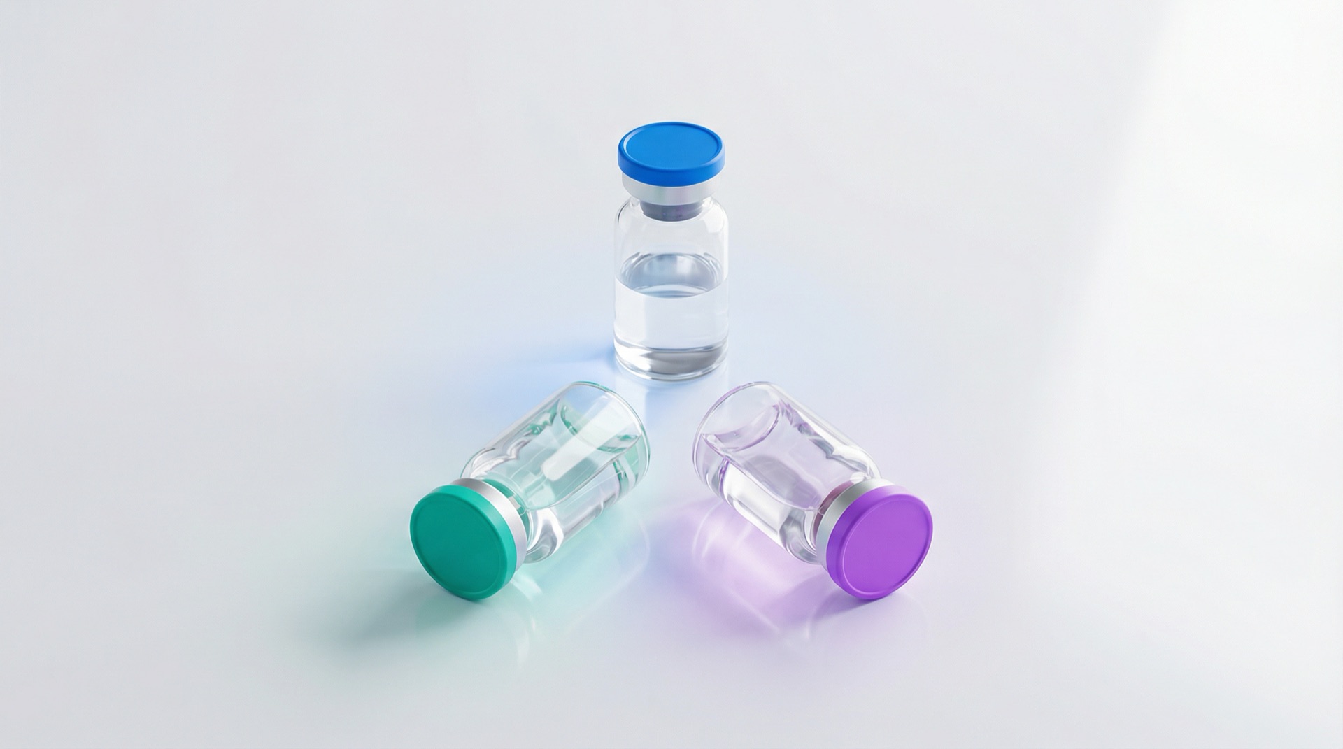 Tre vial di peptidi con tappi colorati diversi a confronto