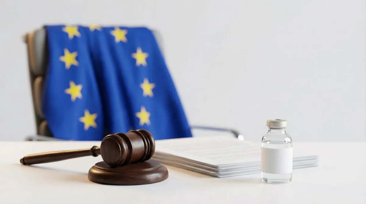 Marteau de juge et documents juridiques avec drapeau UE et flacon de peptide