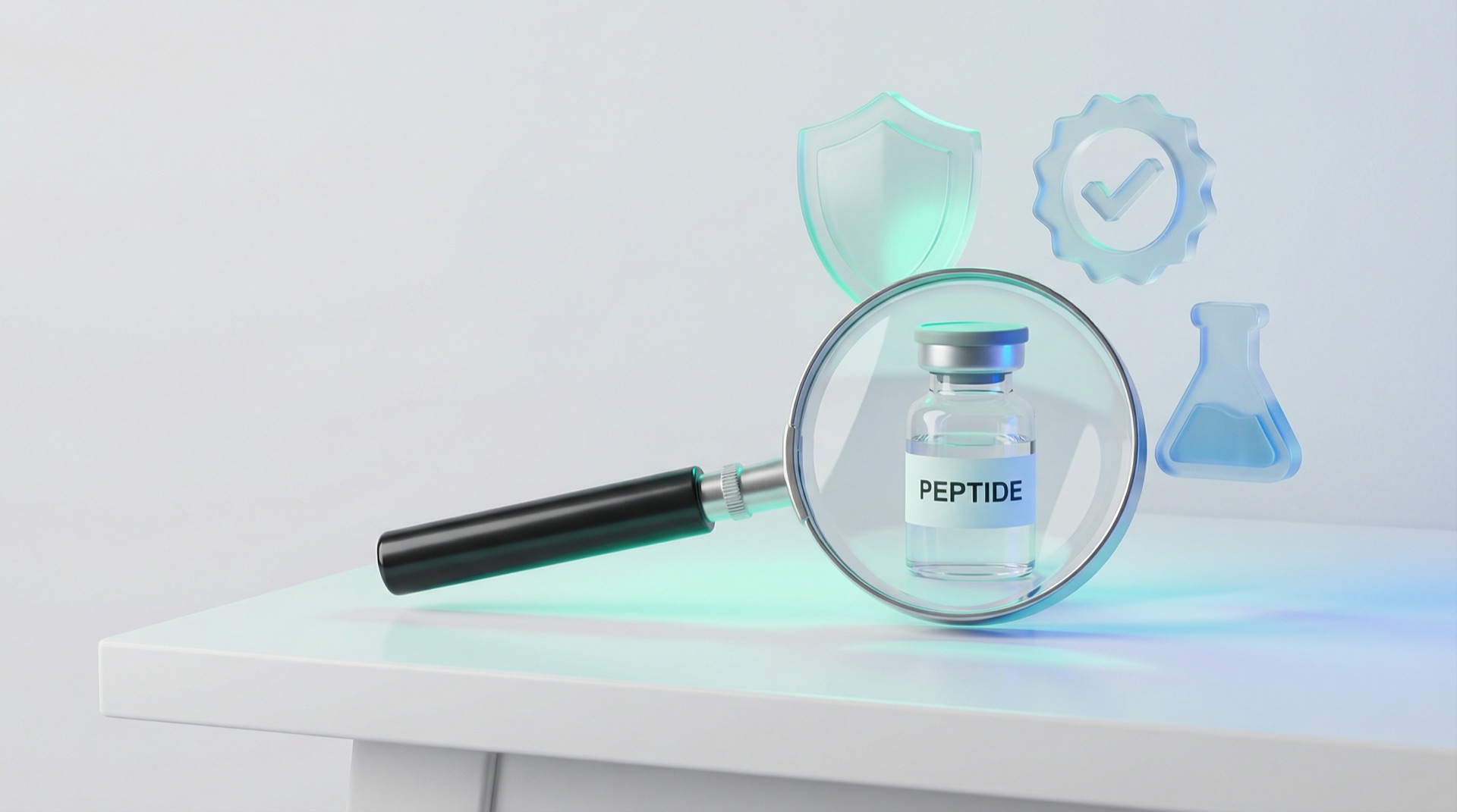 Verifica qualità peptidi con lente d'ingrandimento e simboli di garanzia