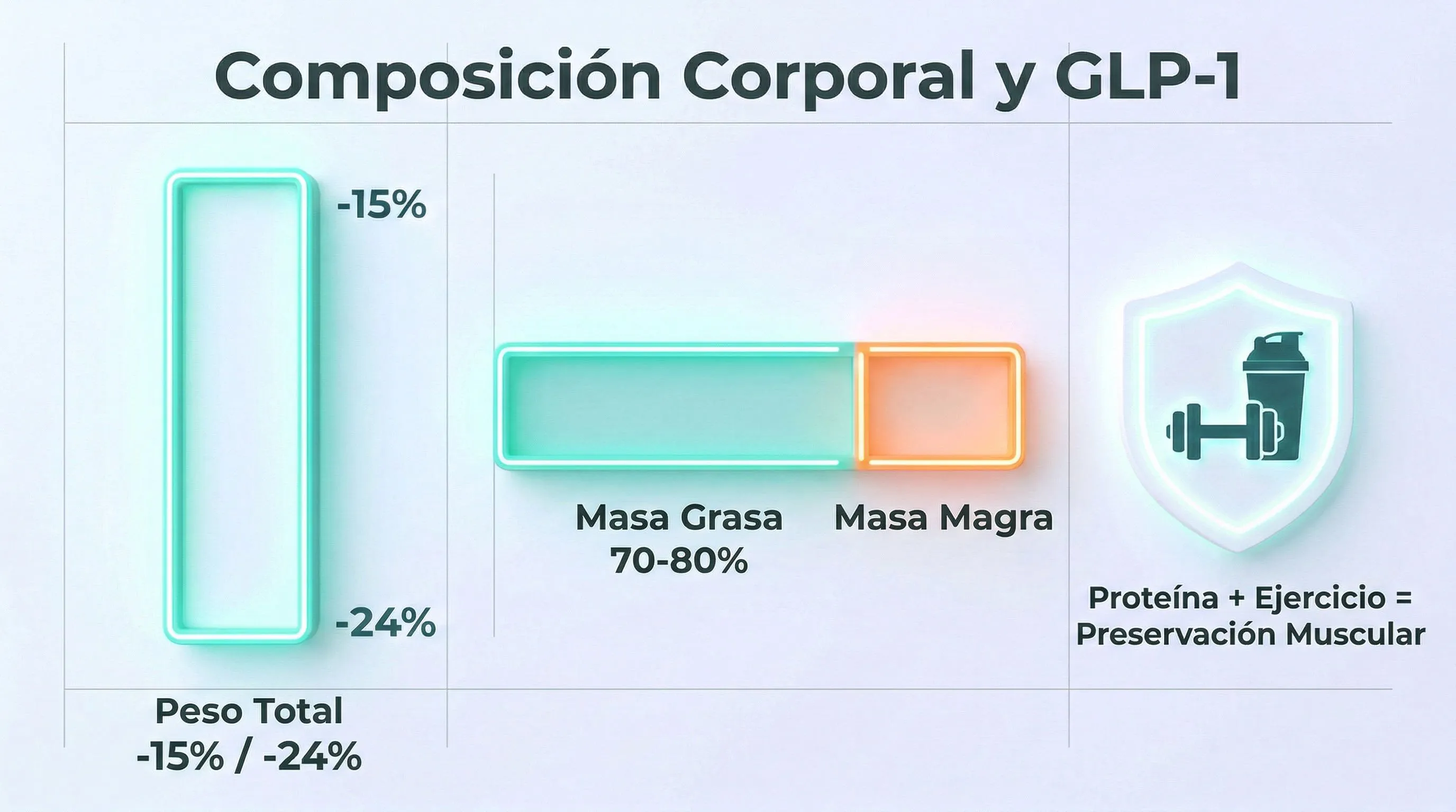 Infografía composición corporal y GLP-1: masa grasa, masa magra y preservación muscular