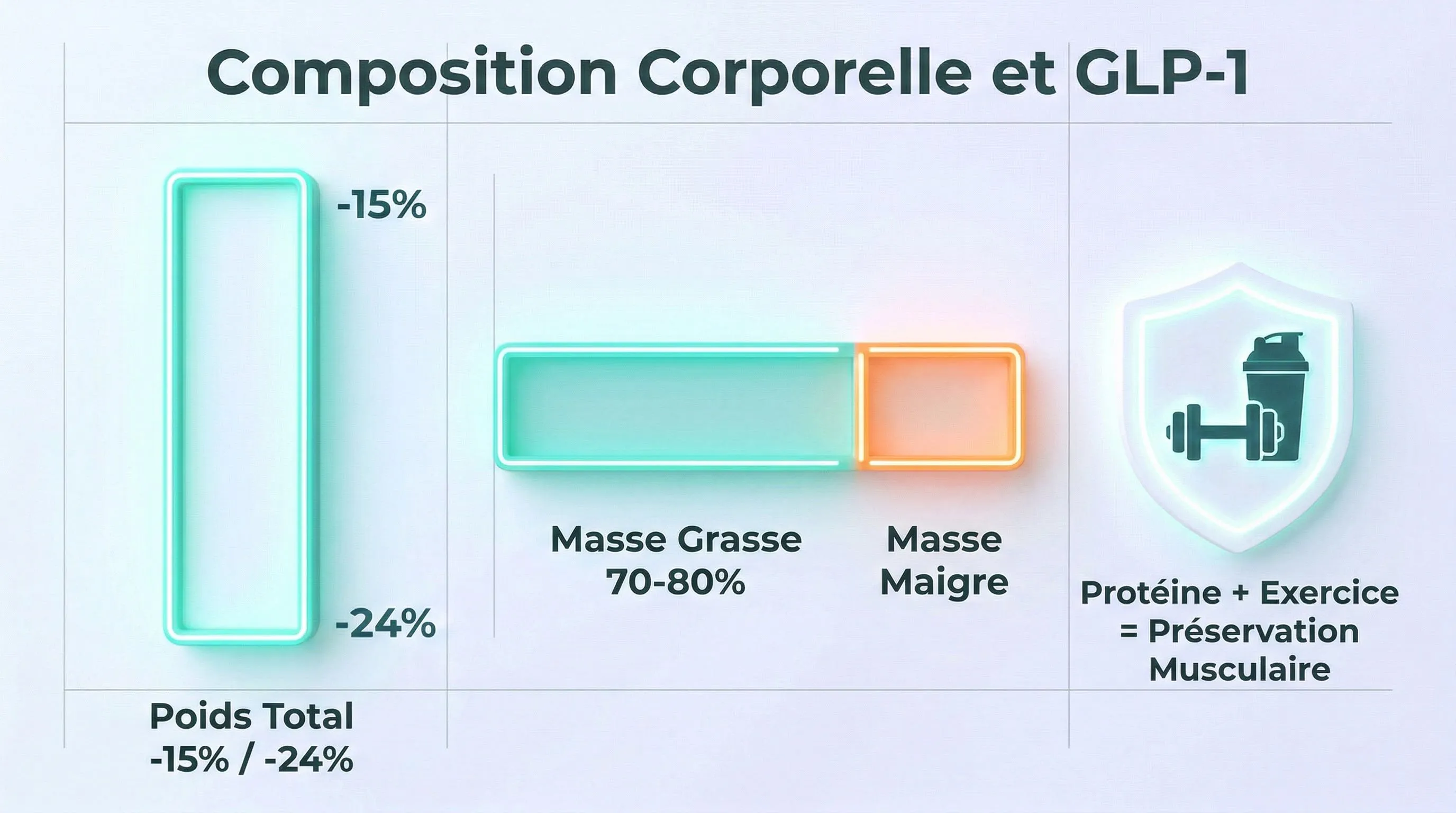Infographie composition corporelle et GLP-1 : masse grasse, masse maigre et préservation musculaire