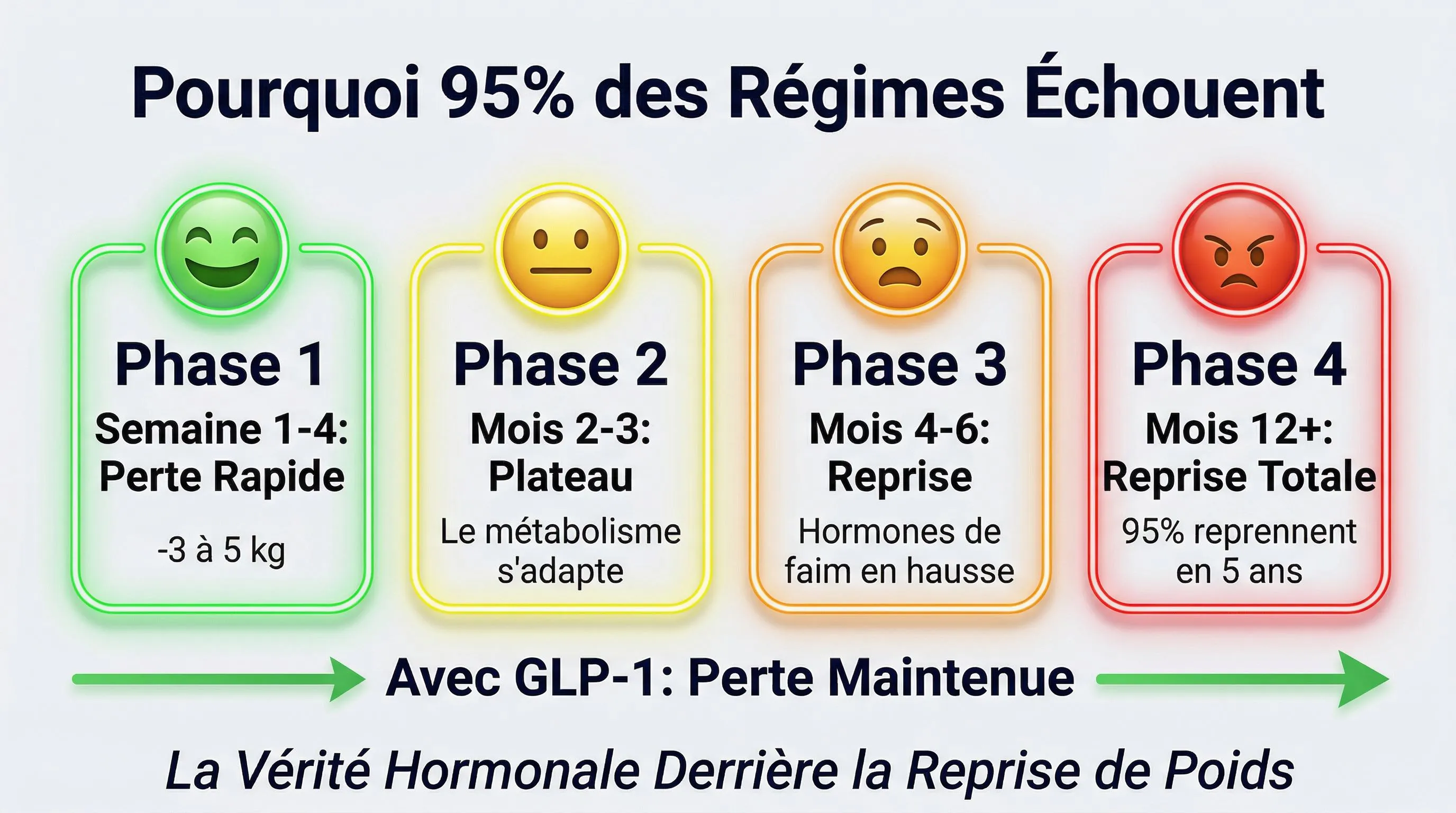Infographie échec des régimes: les 4 phases du régime et pourquoi 95% échouent