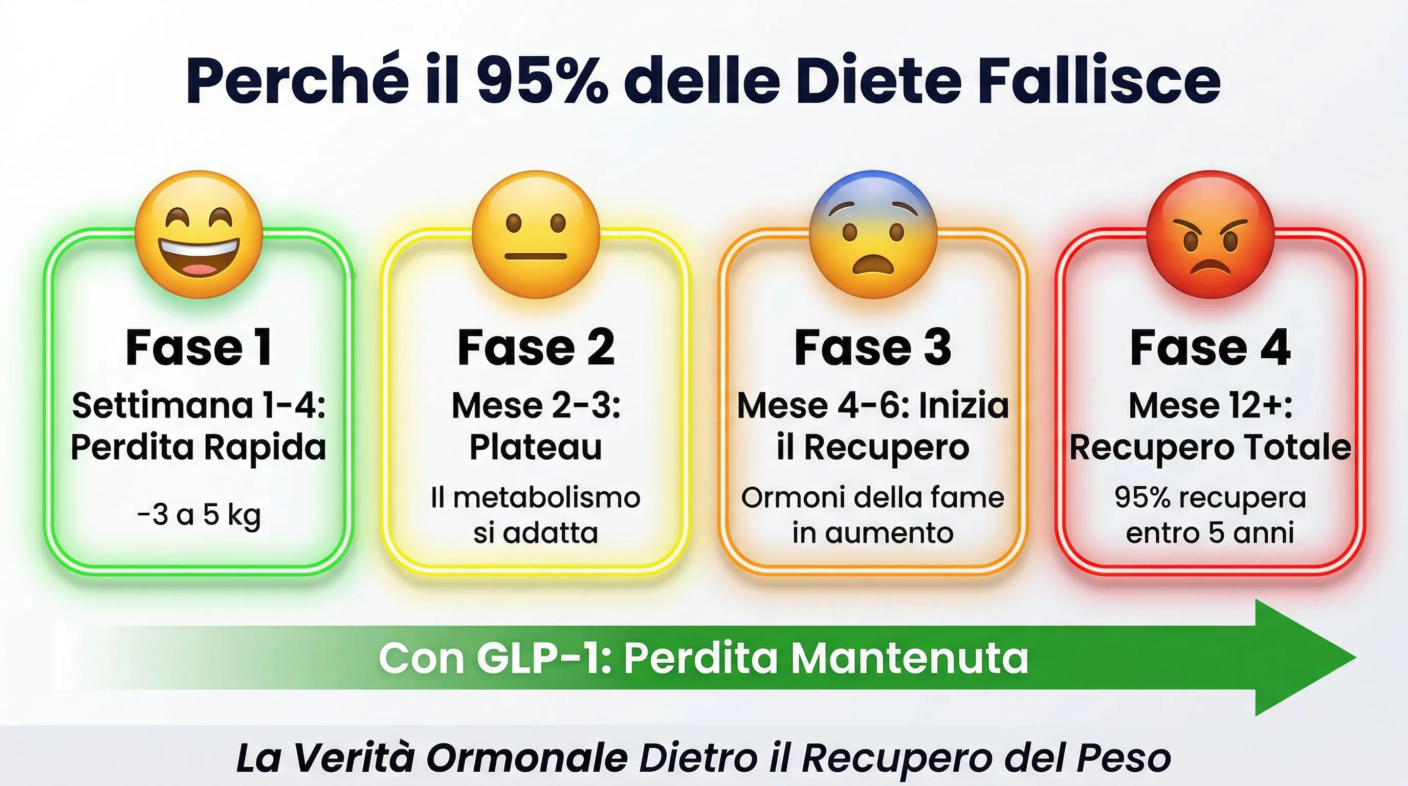 Infografica fallimento diete: le 4 fasi della dieta e perché il 95% fallisce