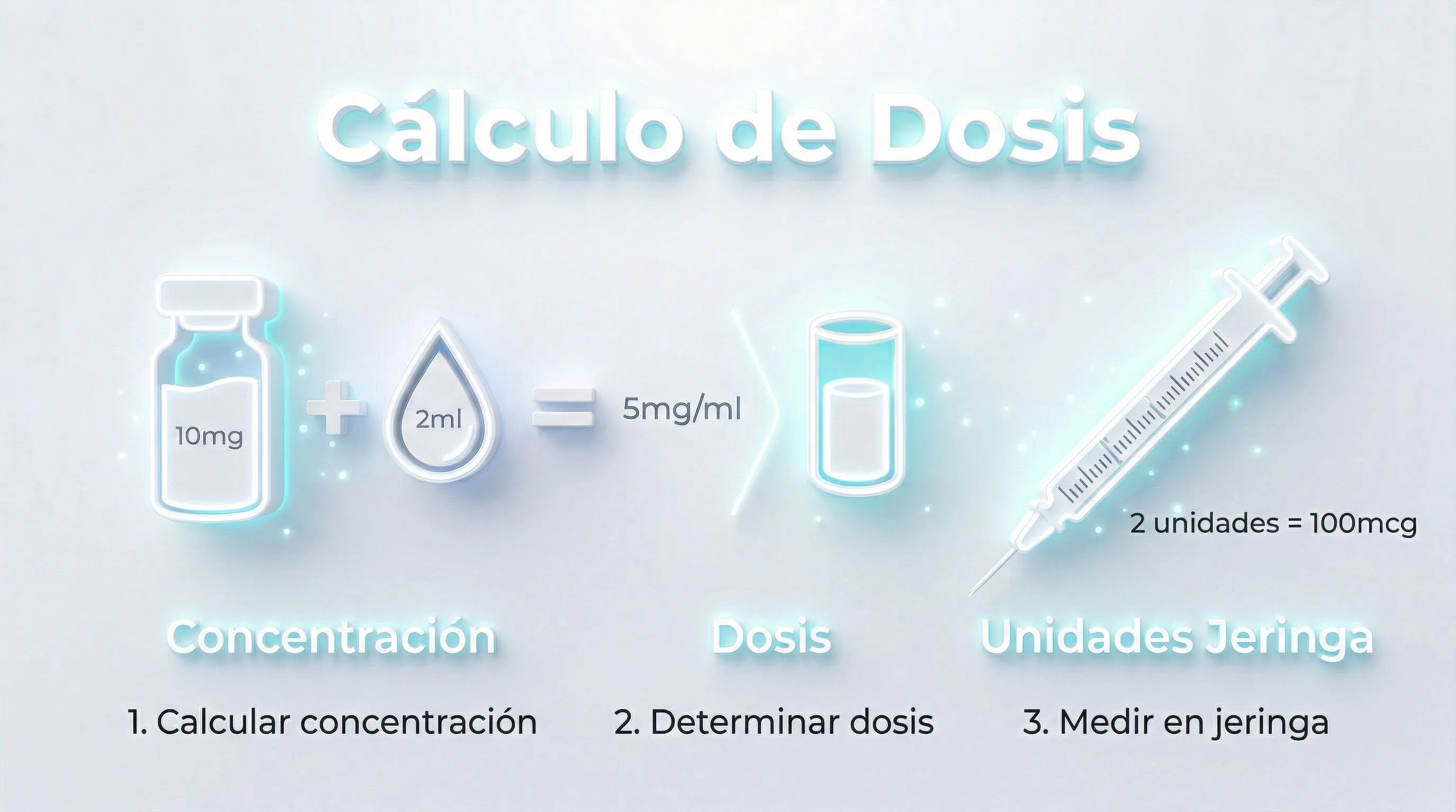 Infografía cálculo de dosis péptidos: concentración, dosis y unidades jeringa