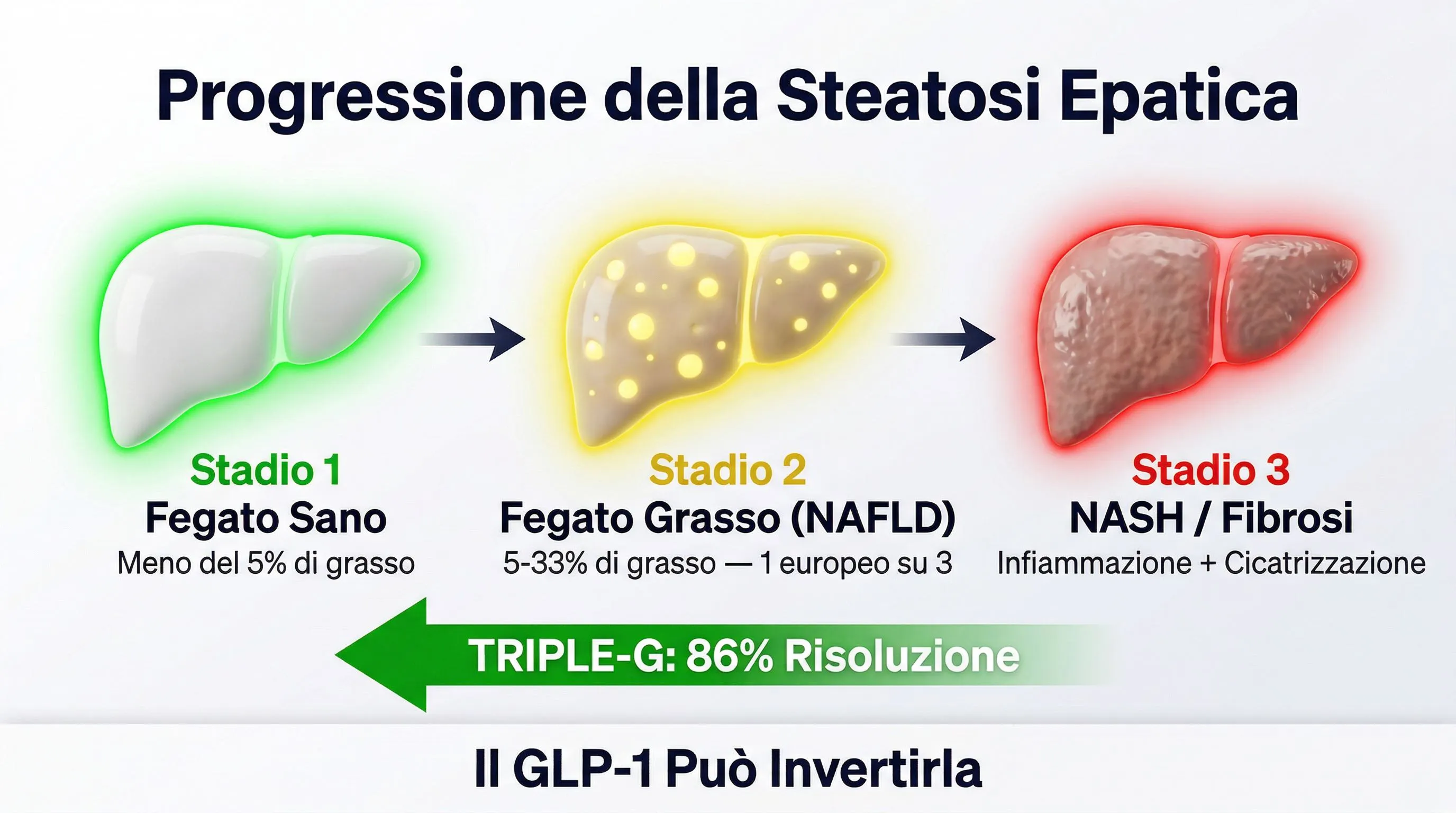 Infografica fegato grasso: progressione da sano a NAFLD a NASH e reversione con GLP-1
