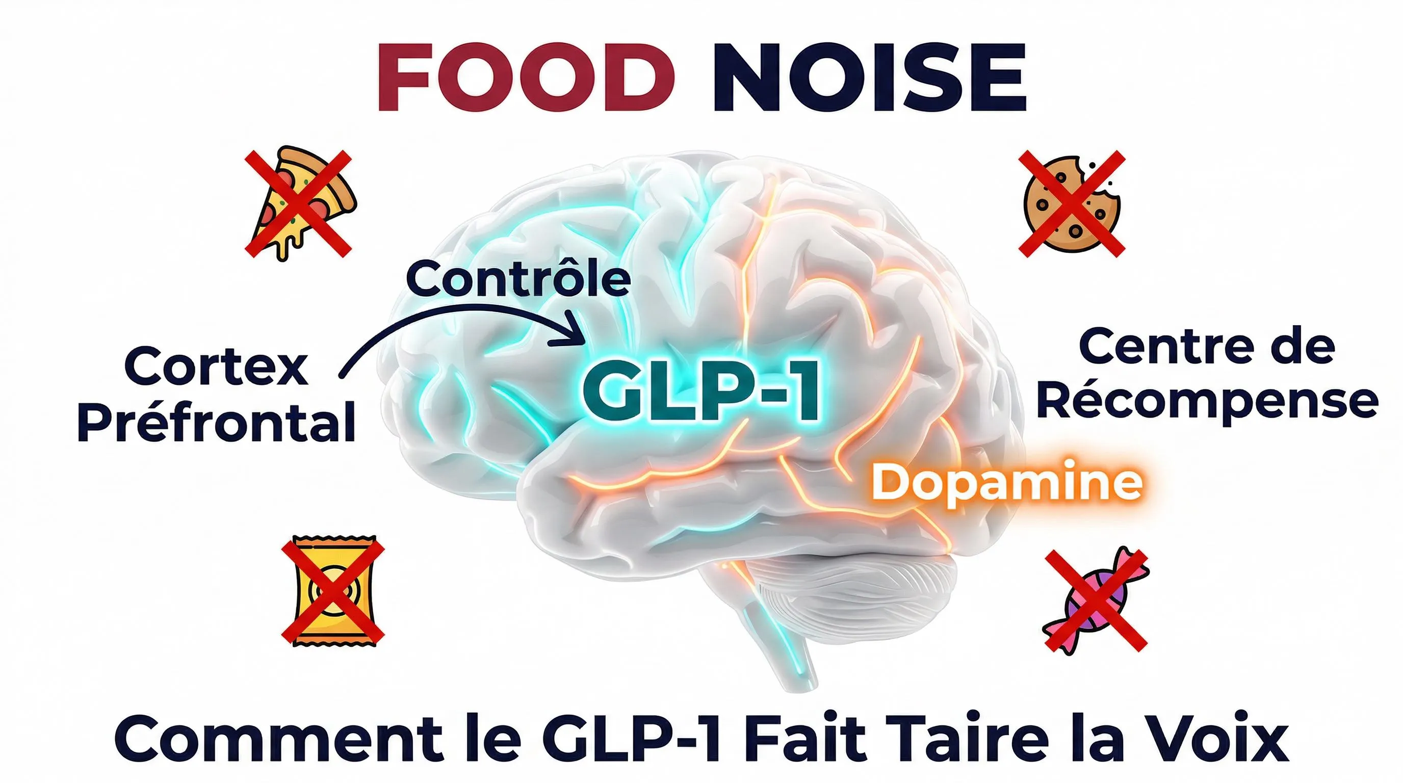 Infographie food noise et cerveau: comment le GLP-1 fait taire les envies