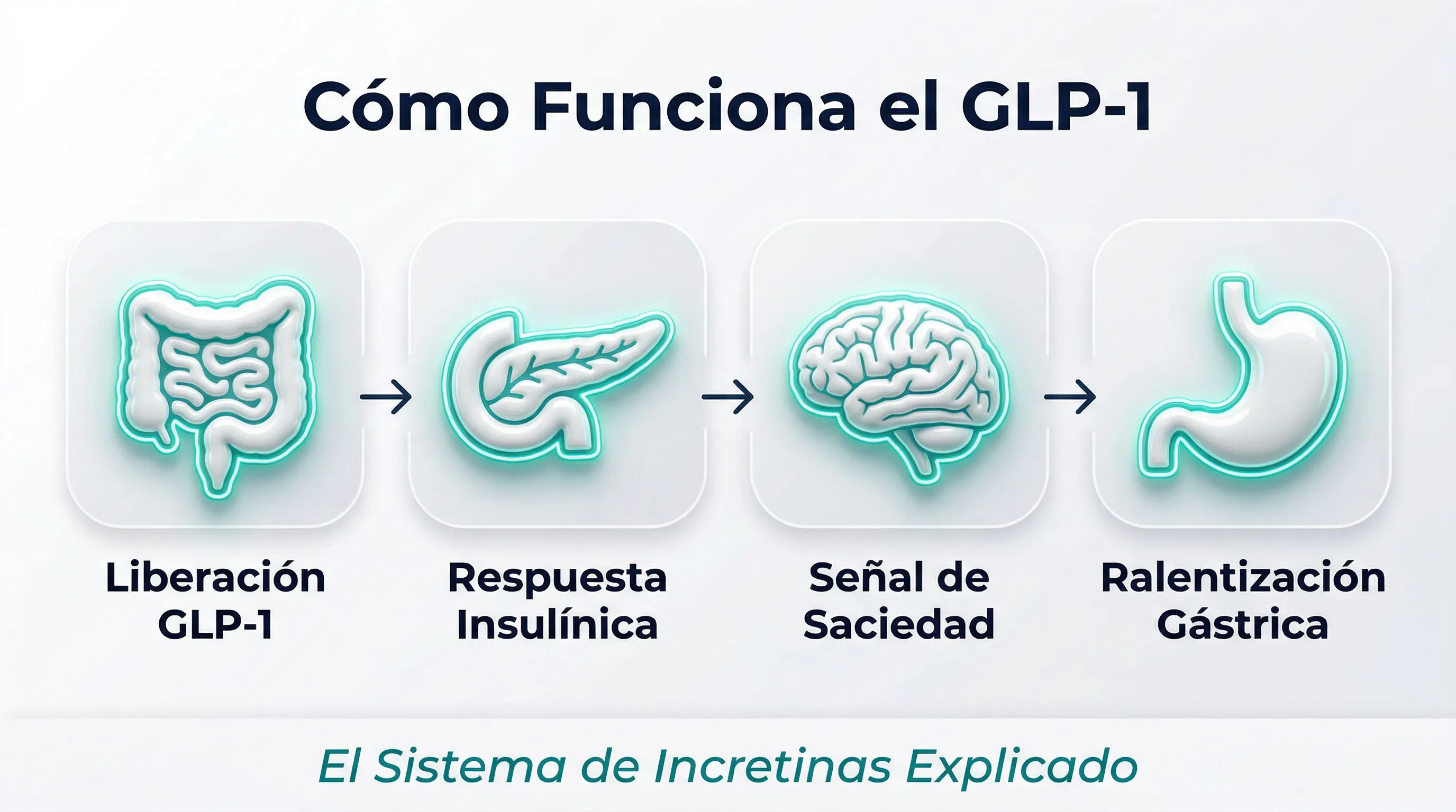 Infografía mecanismo GLP-1: liberación, insulina, saciedad, vaciamiento gástrico