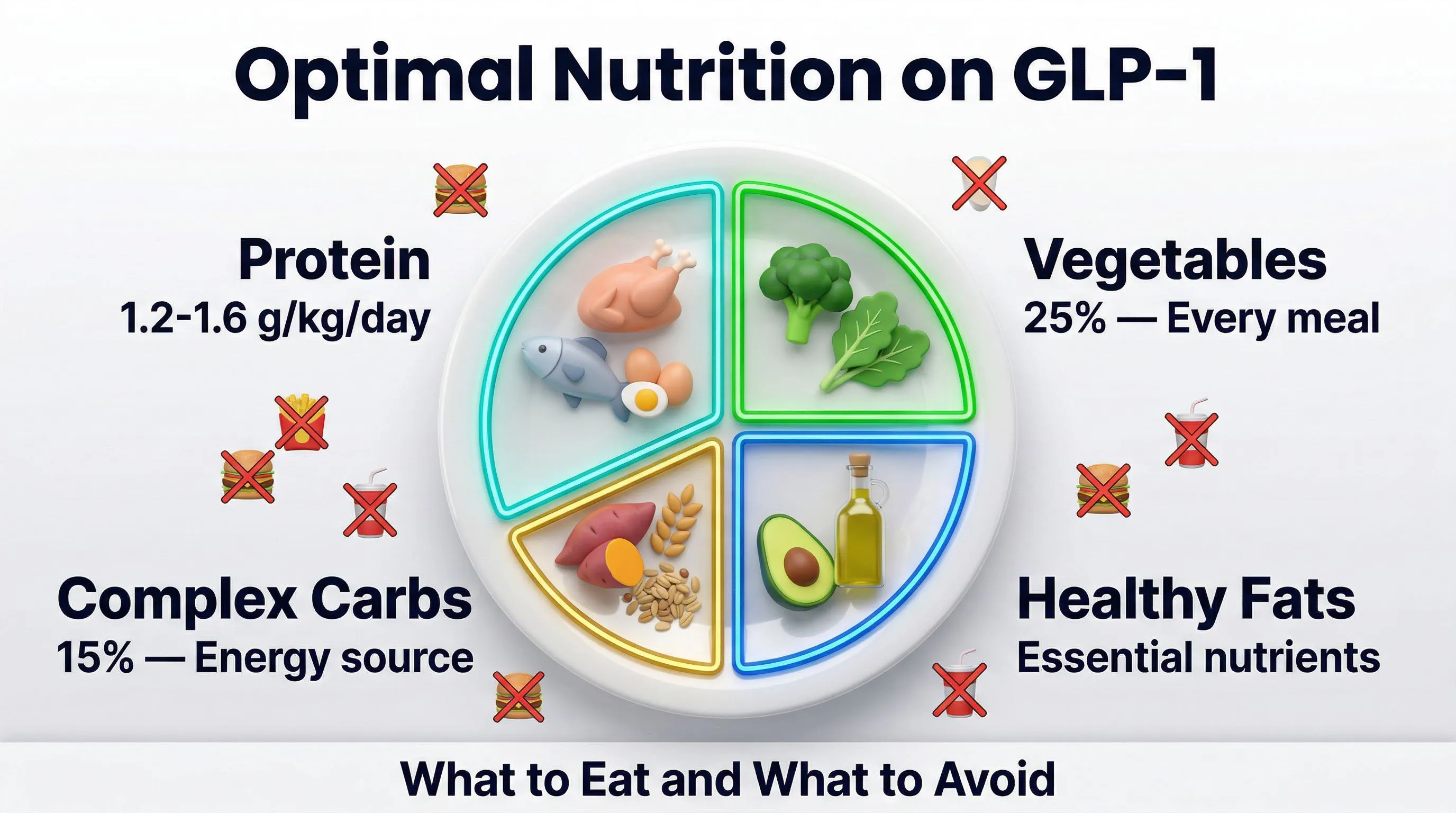 Optimal nutrition on GLP-1 infographic: protein, vegetables, healthy fats, carbs