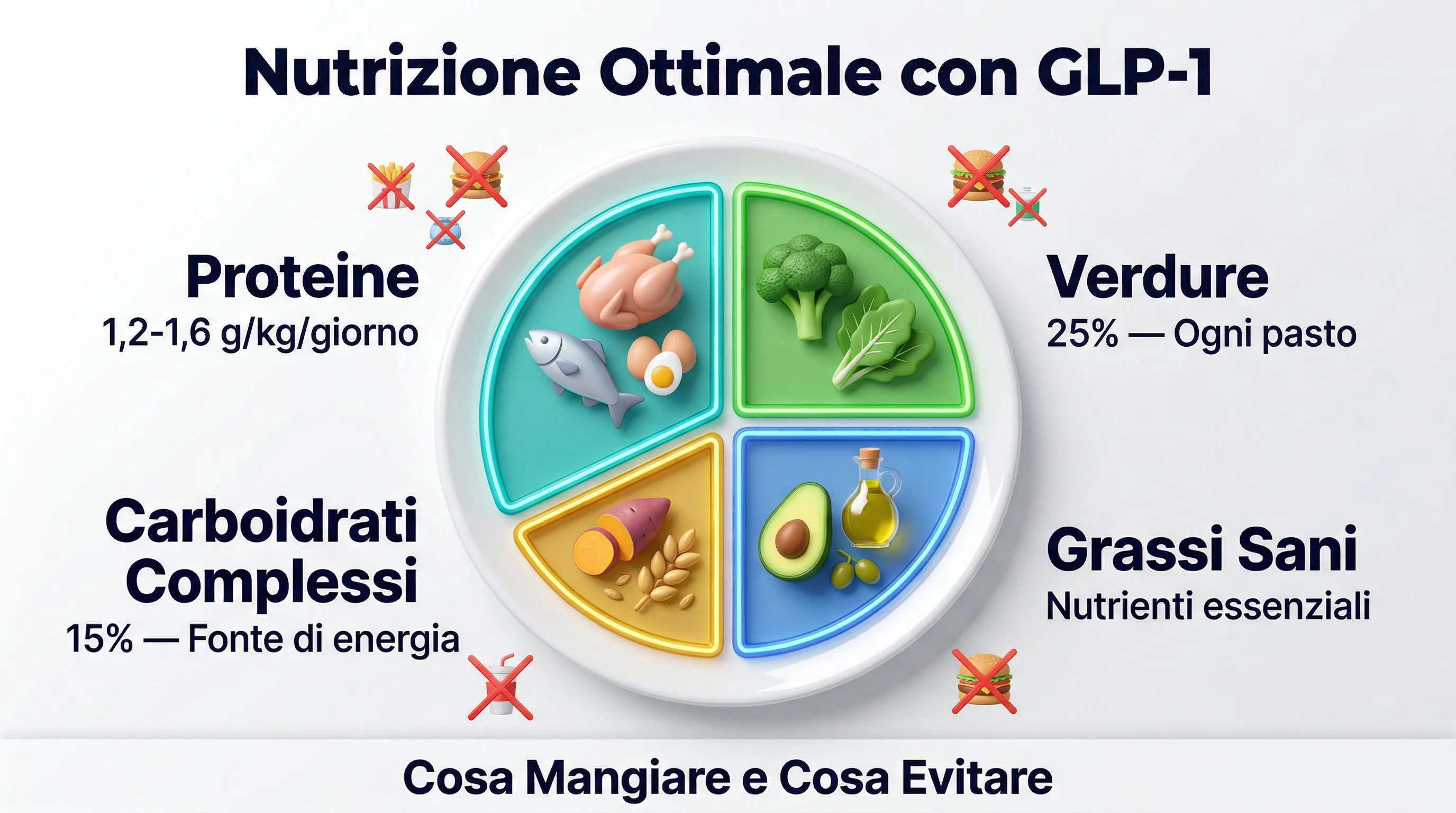 Infografica nutrizione ottimale con GLP-1: proteine, verdure, grassi sani, carboidrati