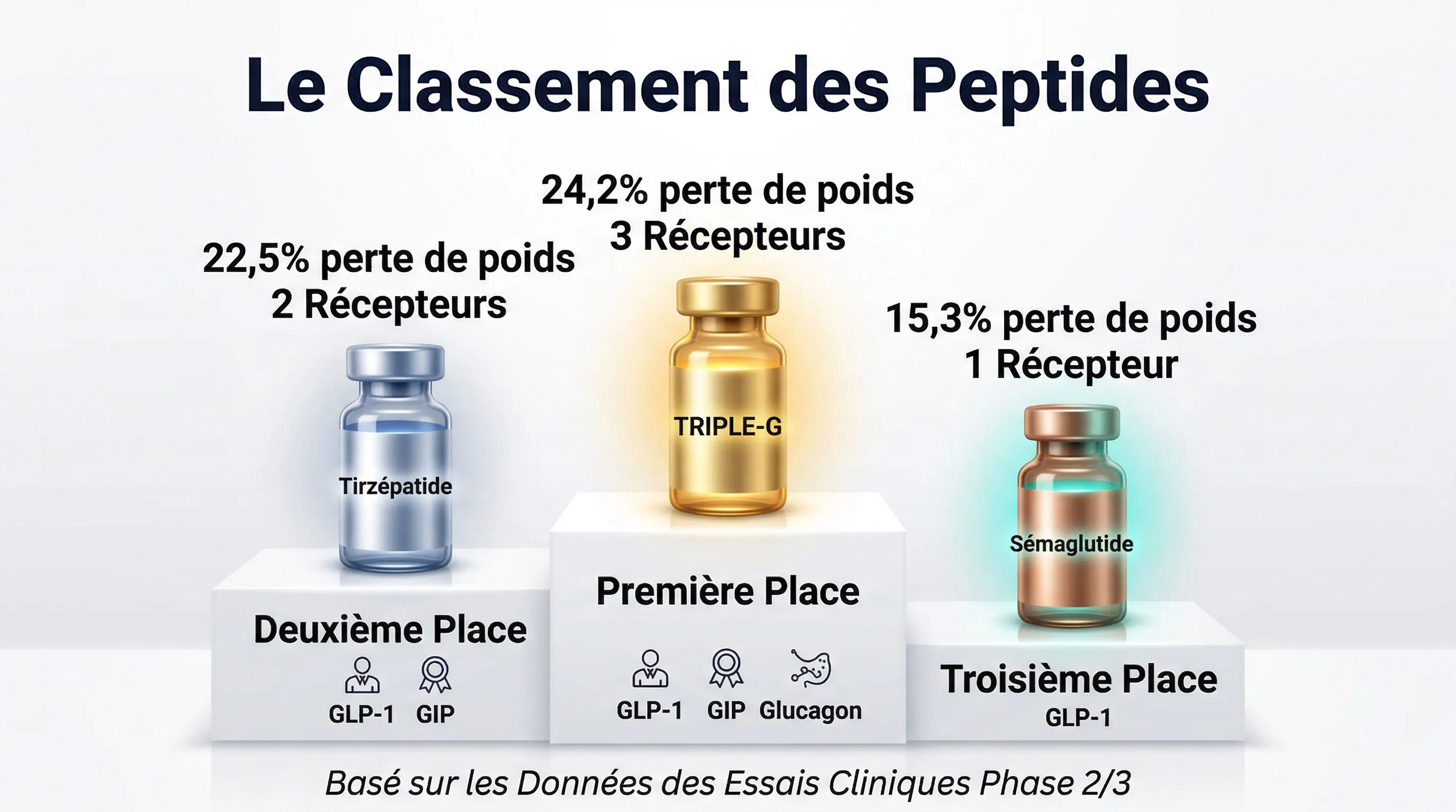 Infographie comparaison peptides: TRIPLE-G vs tirzepatide vs semaglutide