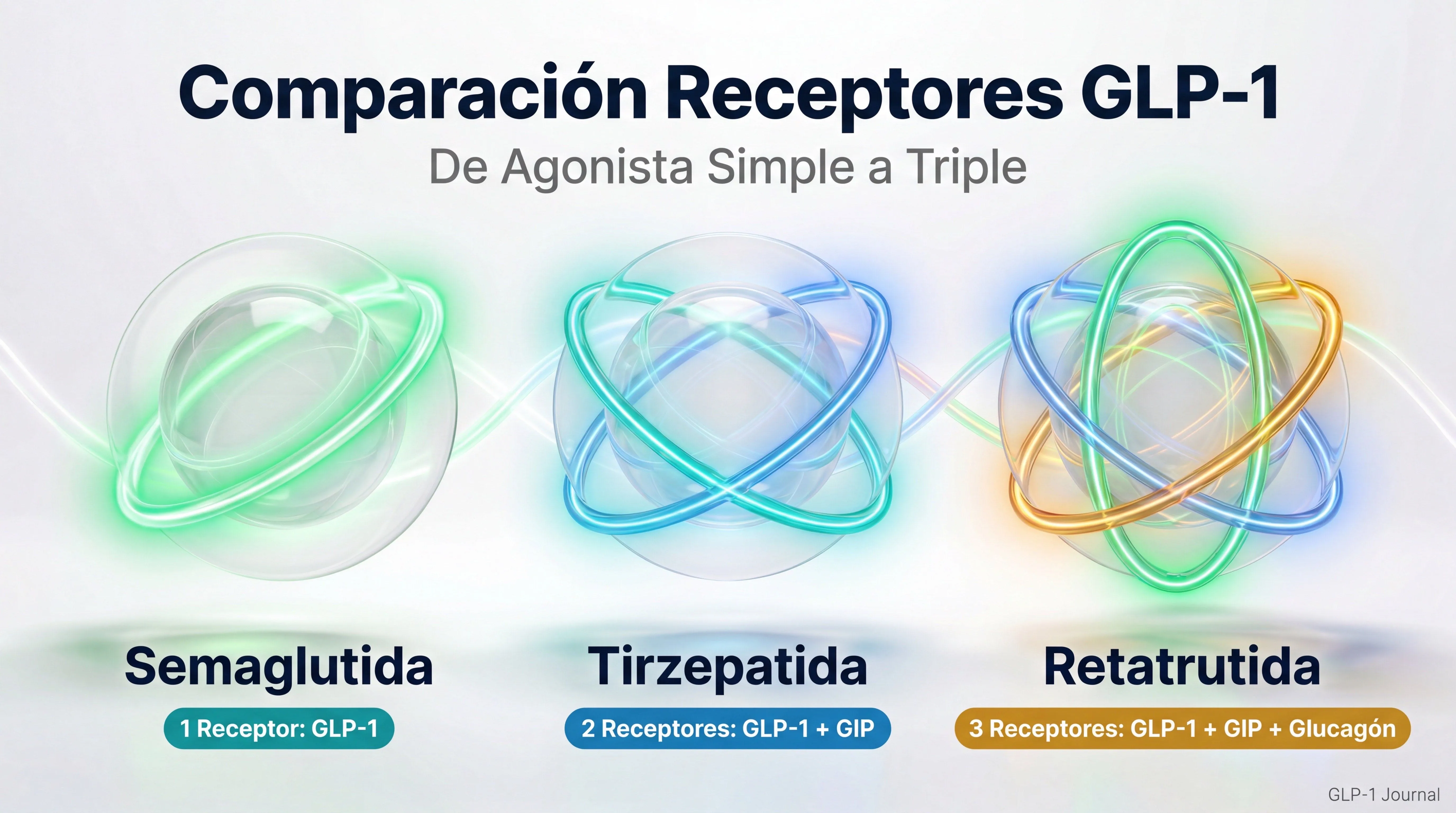 Comparación de receptores: semaglutida (1R) vs tirzepatida (2R) vs retatrutida (3R)