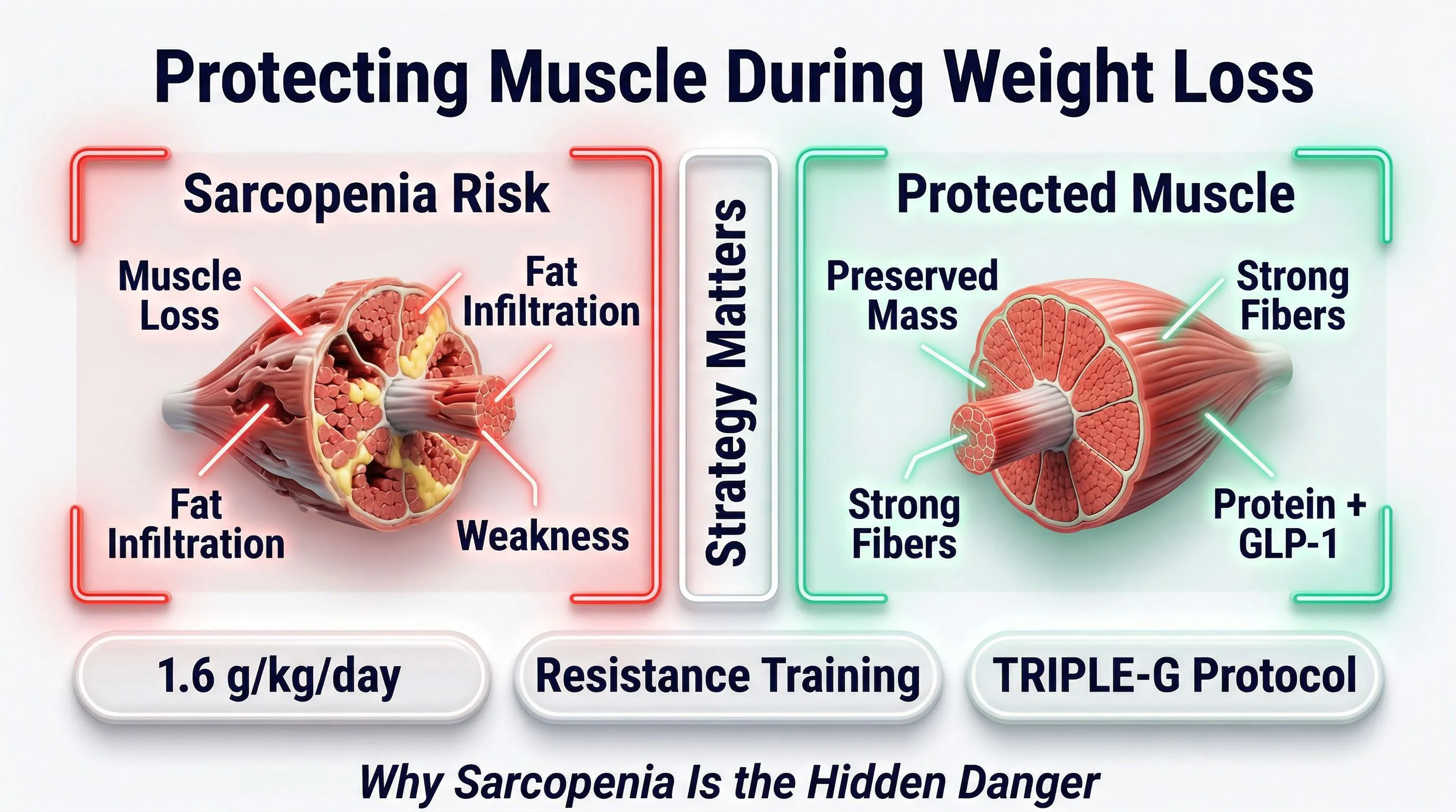 Sarcopenia infographic: at-risk muscle vs protected muscle with GLP-1