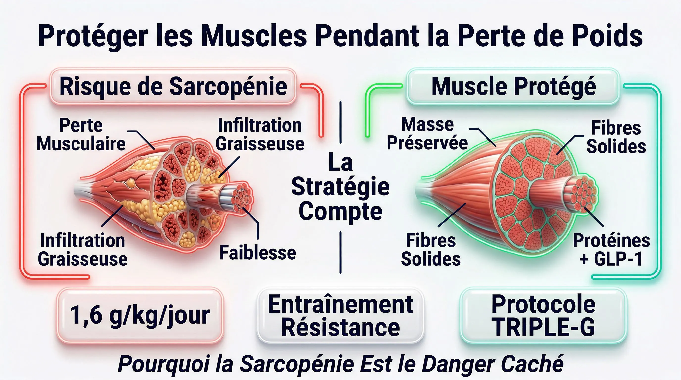 Infographie sarcopénie: muscle à risque vs muscle protégé avec GLP-1