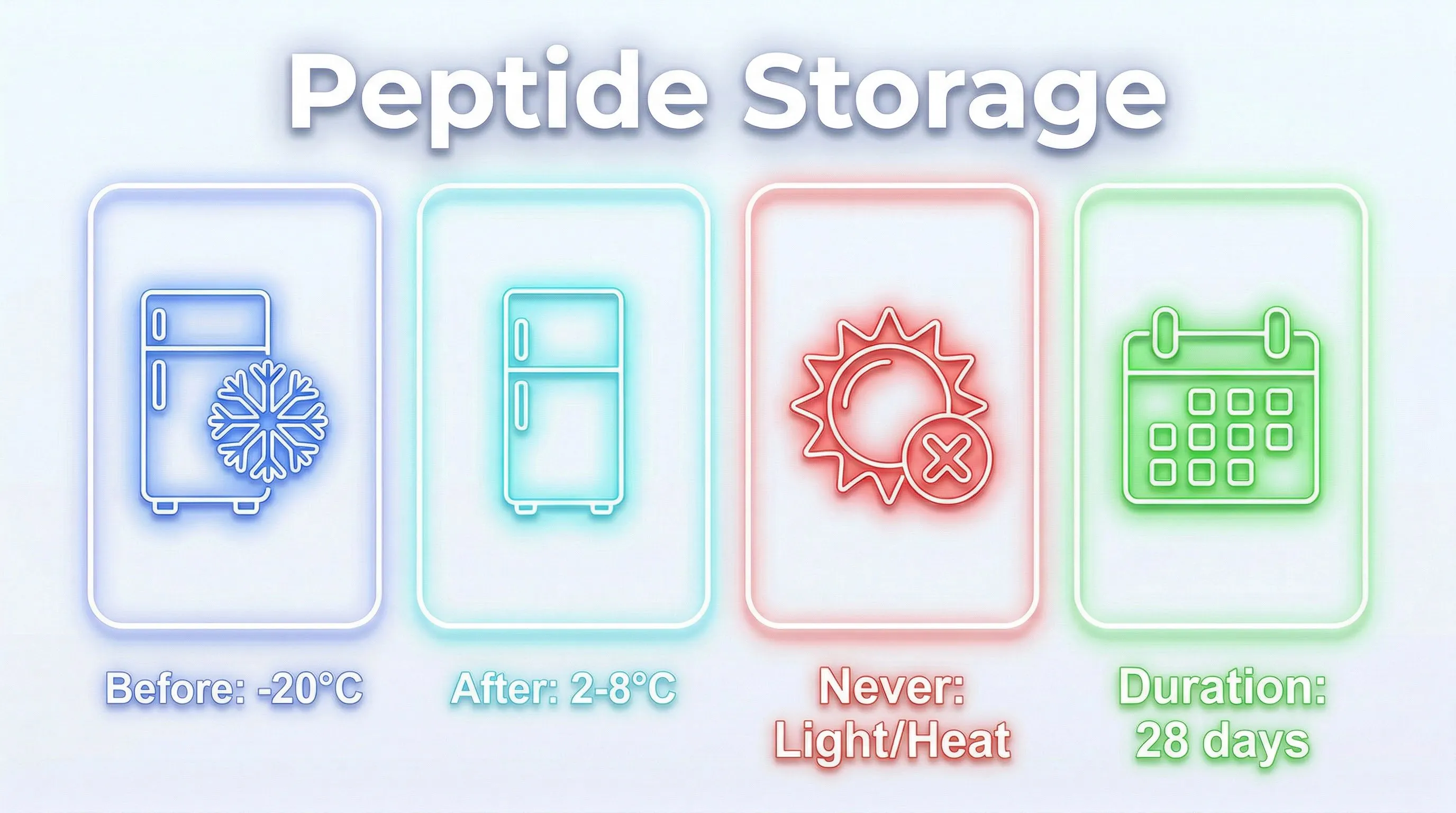 Peptide storage guide infographic: temperature, duration, and storage conditions