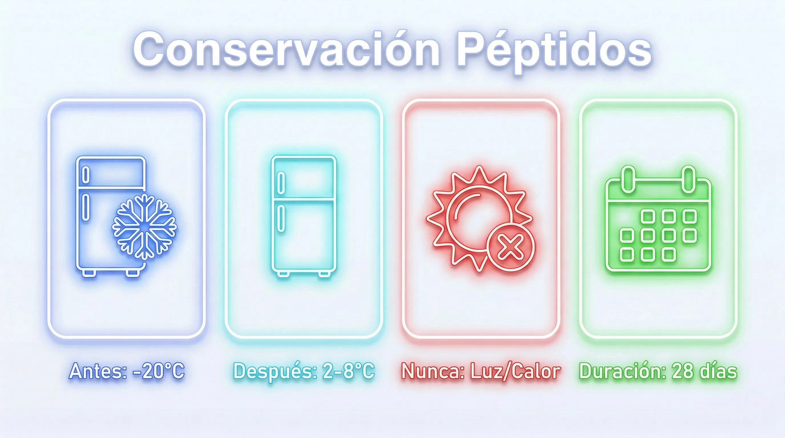 Infografía conservación péptidos: temperatura, duración y condiciones de almacenamiento