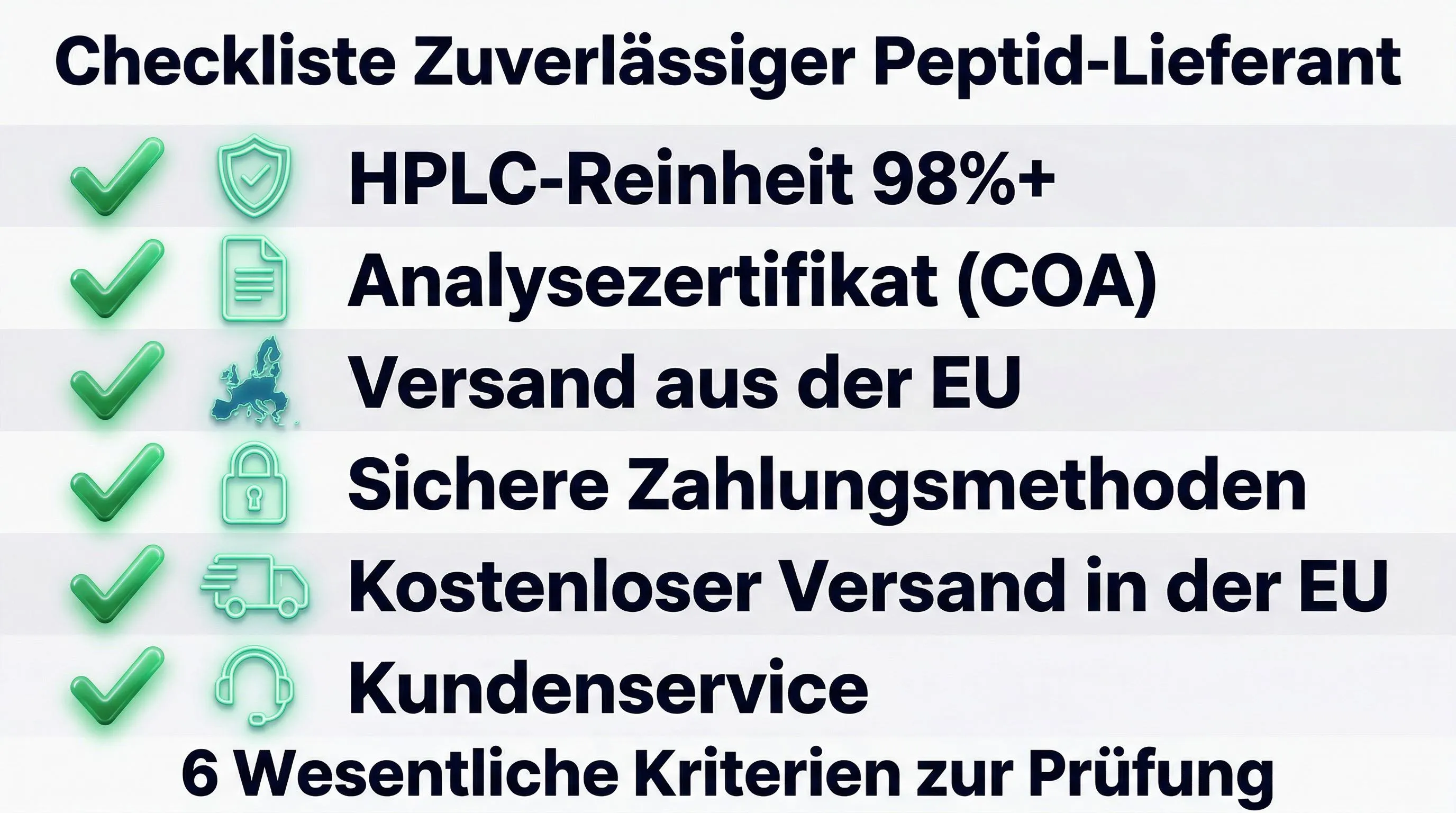 Peptid-Lieferanten Checkliste Infografik: 6 wesentliche Kriterien