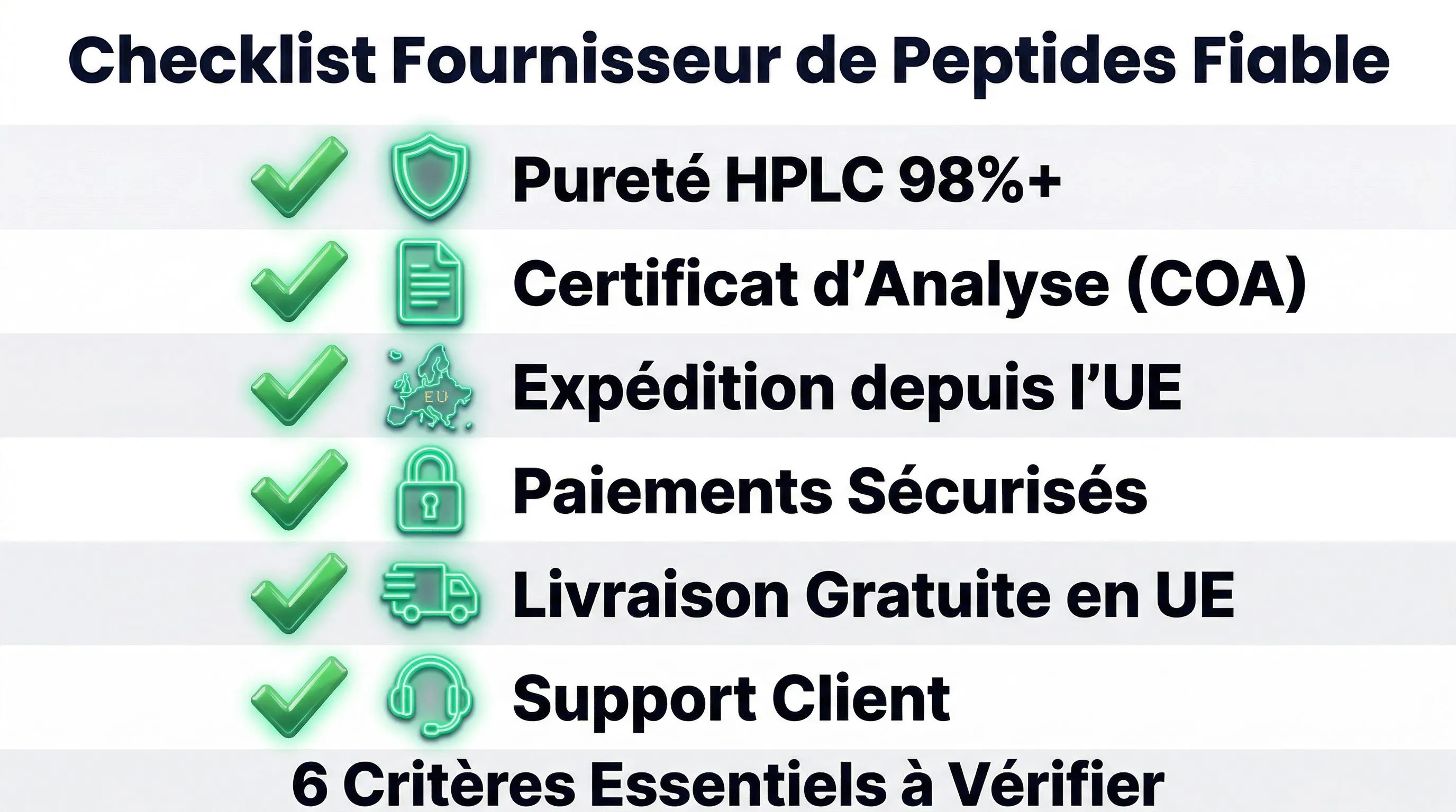 Infographie checklist fournisseur peptides: 6 critères essentiels