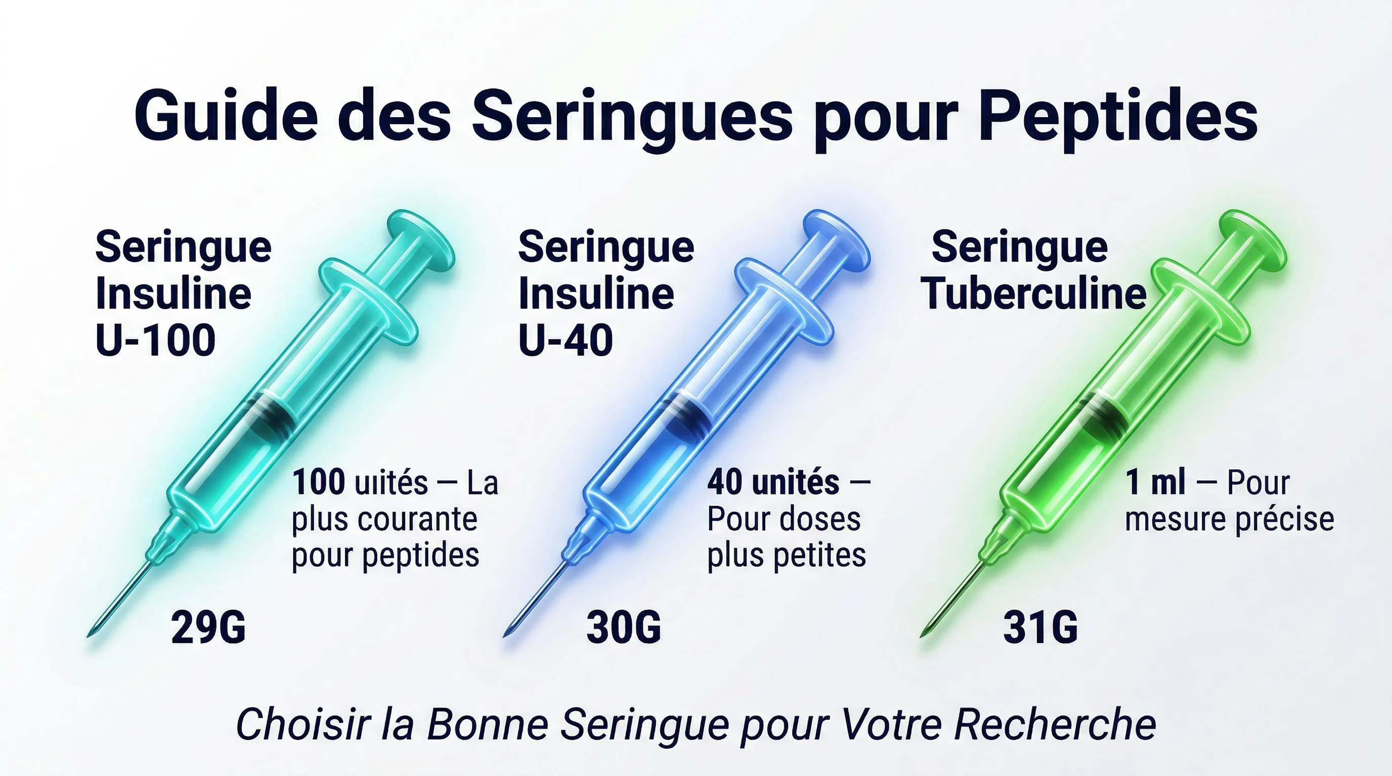 Infographie guide seringues peptides: comparaison de 3 types de seringues